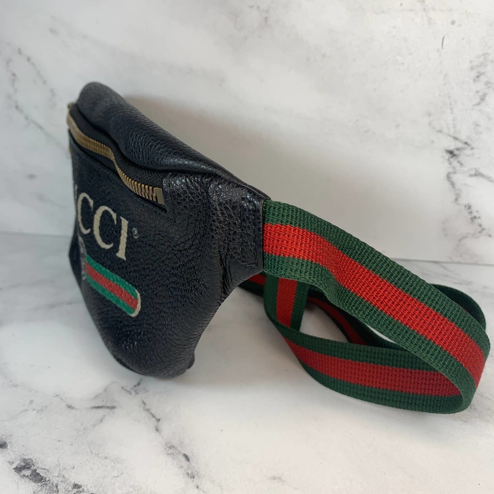❌❌ GUCCI Bumbag Belt Bag Black Grained Calfskin Small GG Logo Crossbody Stripe - Picture 12 of 13